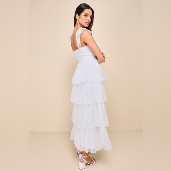 Lulus Radiant Arrival Shiny White Organza Tiered Tie Strap Maxi Dress Size M NWT - Picture 5 of 16